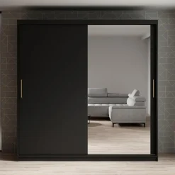 Schuifdeurkasten-Meubella - Kledingkast Mandalin - Zwart - 200 cm - Met spiegel