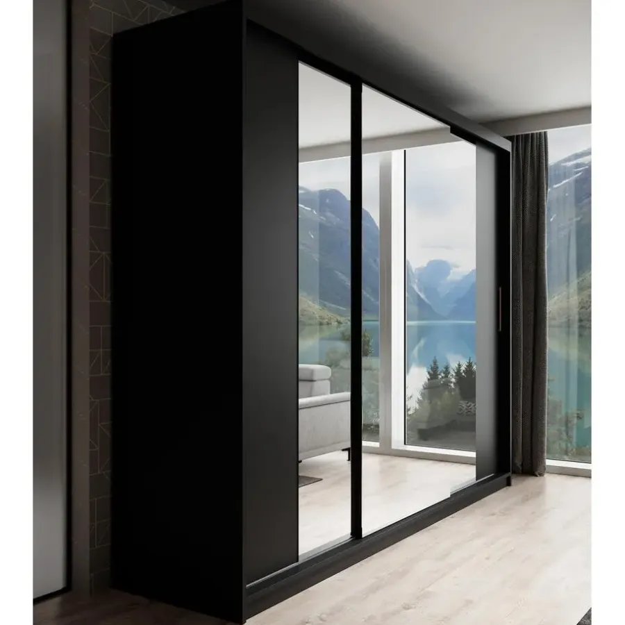 Meubella - Kledingkast Mandalin - Zwart - 250 cm - Met spiegel