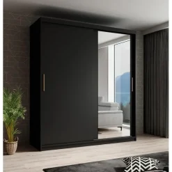 Meubella - Kledingkast Mandalin - Zwart - 180 cm - Met spiegel