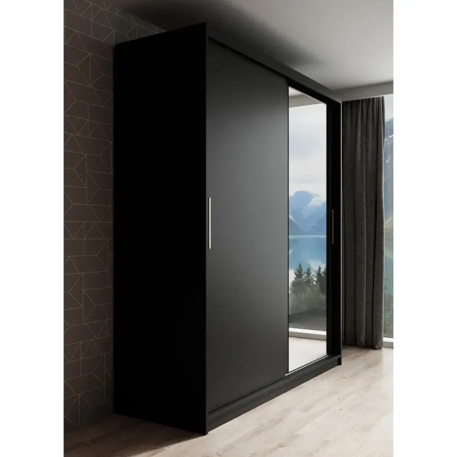 Meubella - Kledingkast Mandalin - Zwart - 180 cm - Met spiegel
