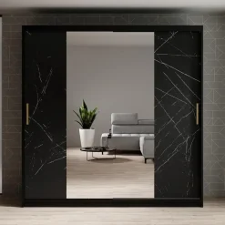 Meubella - Kledingkast Marmer 2 - Zwart - 200 cm - Met spiegel