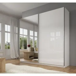 Schuifdeurkasten-Meubella - Kledingkast Mariah - Wit - 217 cm - Met spiegel