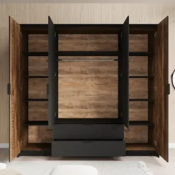 Meubella - Kledingkast Mulvey - Eiken - Antraciet - 220 cm - Met spiegel