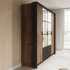 Meubella - Kledingkast Mulvey - Eiken - Antraciet - 220 cm - Met spiegel