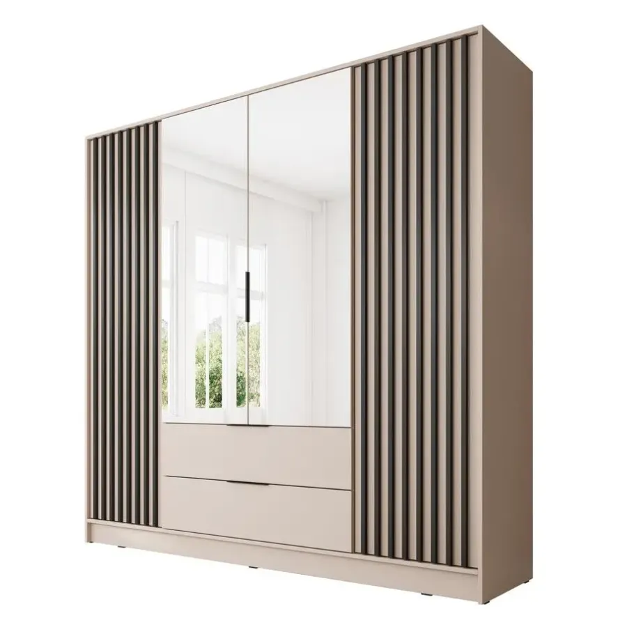 Meubella - Kledingkast Nairobi - Beige - Zwart - 206 cm - met spiegel