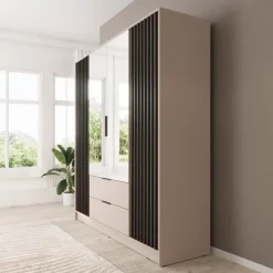 Meubella - Kledingkast Nairobi - Beige - Zwart - 206 cm - met spiegel