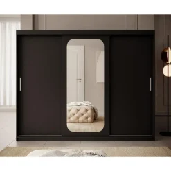 Meubella - Kledingkast Pete - Zwart - 250 cm - Met spiegel