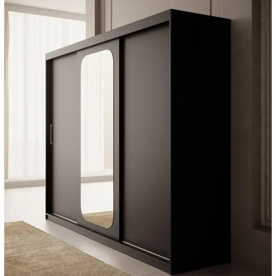 Meubella - Kledingkast Pete - Zwart - 250 cm - Met spiegel