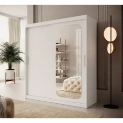 Meubella - Kledingkast Pete - Wit - 180 cm - Met spiegel