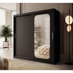 Meubella - Kledingkast Pete - Zwart - 200 cm - Met spiegel
