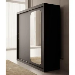 Meubella - Kledingkast Pete - Zwart - 200 cm - Met spiegel