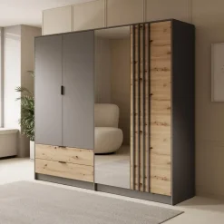 Kledingkasten|Kledingkasten-Meubella - Kledingkast Roma - Grijs - Eiken - 221 cm - Met spiegel