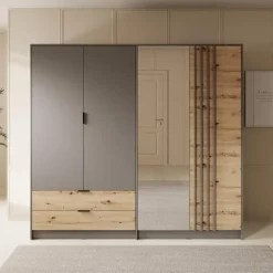 Kledingkasten|Kledingkasten-Meubella - Kledingkast Roma - Grijs - Eiken - 221 cm - Met spiegel