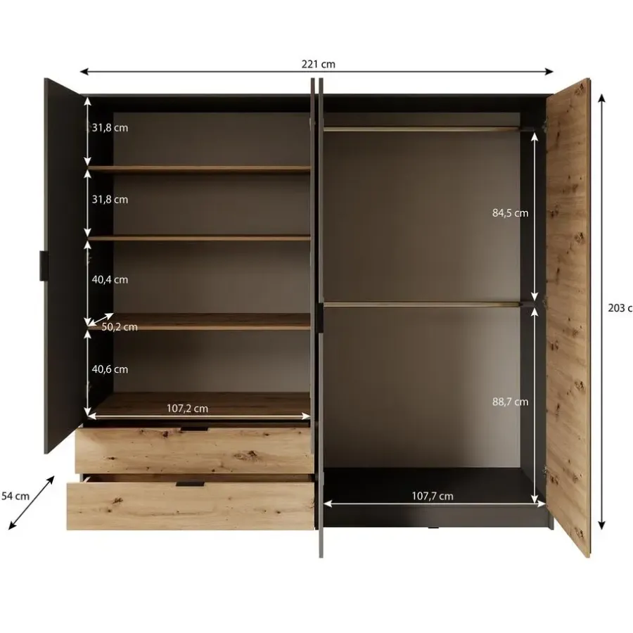 Kledingkasten|Kledingkasten-Meubella - Kledingkast Roma - Grijs - Eiken - 221 cm - Met spiegel