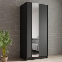 Schuifdeurkasten-Meubella - Kledingkast Salta - Zwart - 80 cm - Met spiegel