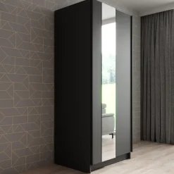 Schuifdeurkasten-Meubella - Kledingkast Salta - Zwart - 80 cm - Met spiegel