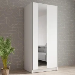 Schuifdeurkasten-Meubella - Kledingkast Salta - Wit - 80 cm - Met spiegel