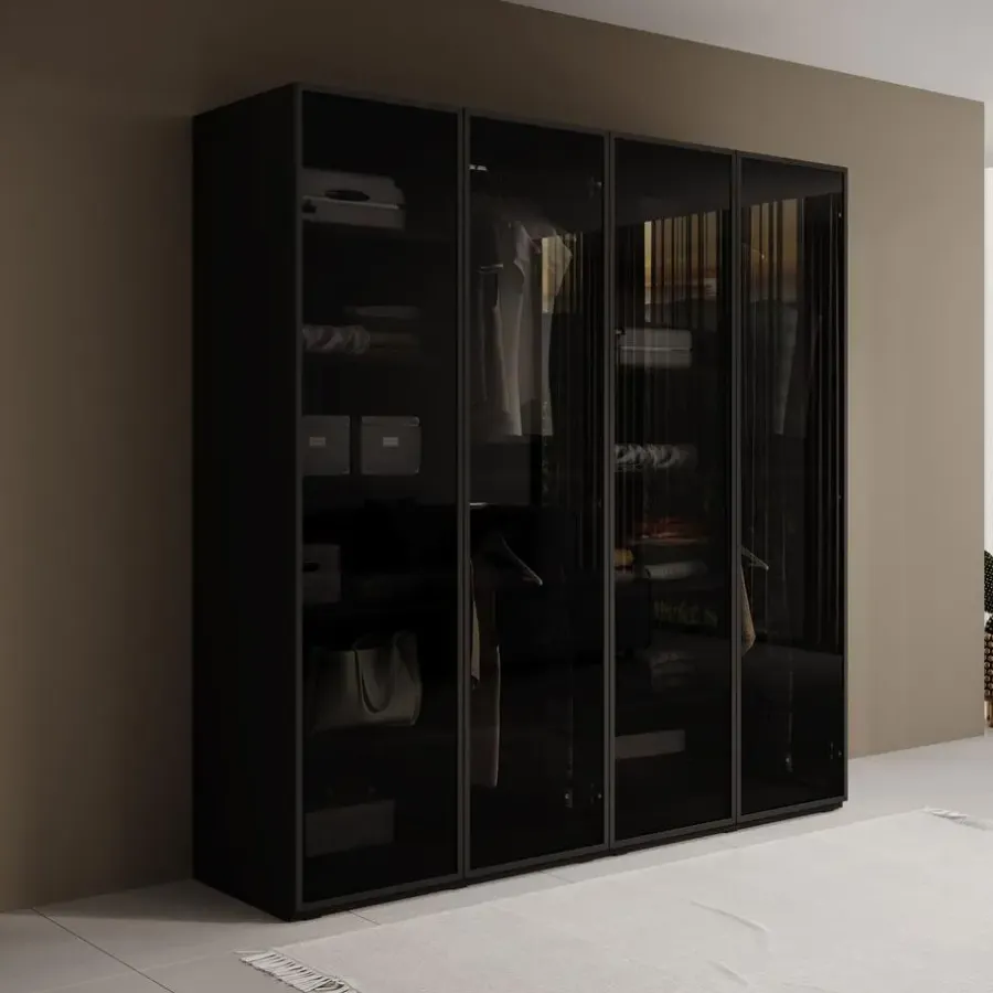 Draaideurkasten-Meubella - Kledingkast Shelton - Zwart 1 - 202 cm - Met glas