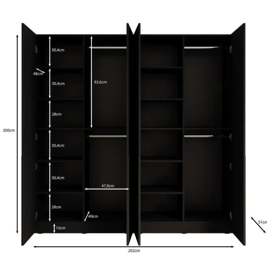 Draaideurkasten-Meubella - Kledingkast Shelton - Zwart 1 - 202 cm - Met glas