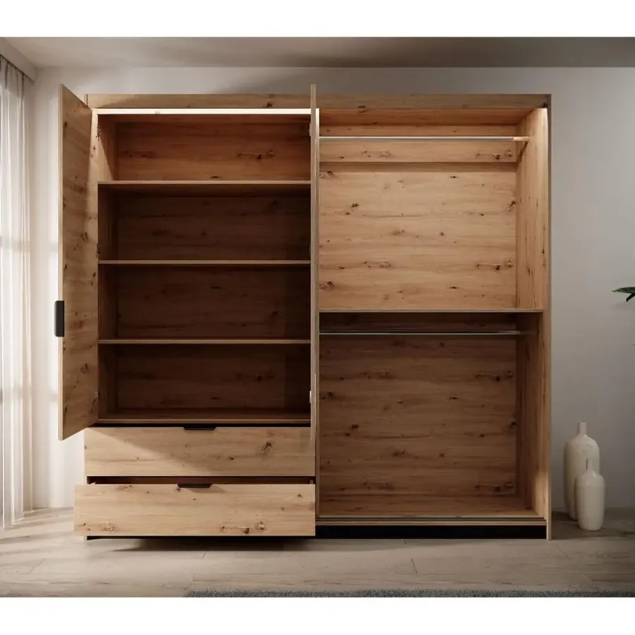 Schuifdeurkasten-Meubella - Kledingkast Tasha - Eiken - Antraciet - 220 cm - Met spiegel