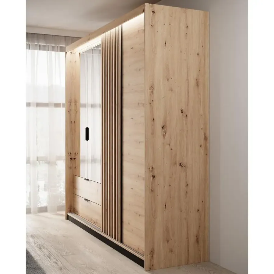 Schuifdeurkasten-Meubella - Kledingkast Tasha - Eiken - Antraciet - 220 cm - Met spiegel