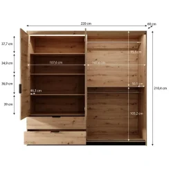 Schuifdeurkasten-Meubella - Kledingkast Tasha - Eiken - Antraciet - 220 cm - Met spiegel