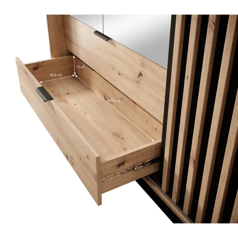 Schuifdeurkasten-Meubella - Kledingkast Tasha - Eiken - Antraciet - 220 cm - Met spiegel