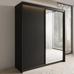 Meubella - Kledingkast Timoteo - Zwart - 200 cm - Met spiegel