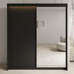 Meubella - Kledingkast Timoteo - Zwart - 200 cm - Met spiegel