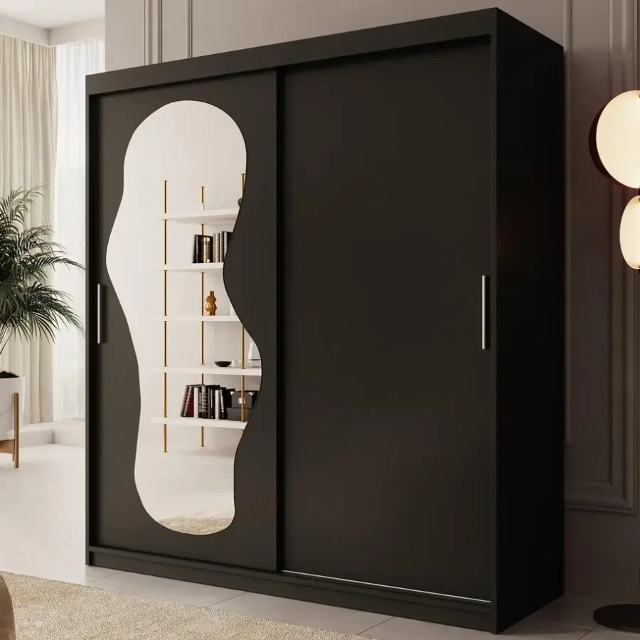 Schuifdeurkasten-Meubella - Kledingkast Ulysses - Zwart - 180 cm - Met spiegel