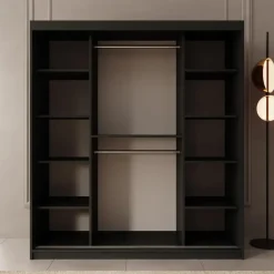Schuifdeurkasten-Meubella - Kledingkast Ulysses - Zwart - 180 cm - Met spiegel