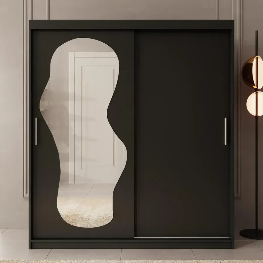 Schuifdeurkasten-Meubella - Kledingkast Ulysses - Zwart - 180 cm - Met spiegel