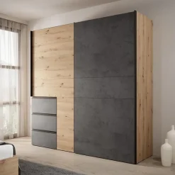 Schuifdeurkasten-Meubella - Kledingkast Walter - Eiken - Grijs - 200 cm