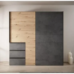 Schuifdeurkasten-Meubella - Kledingkast Walter - Eiken - Grijs - 200 cm