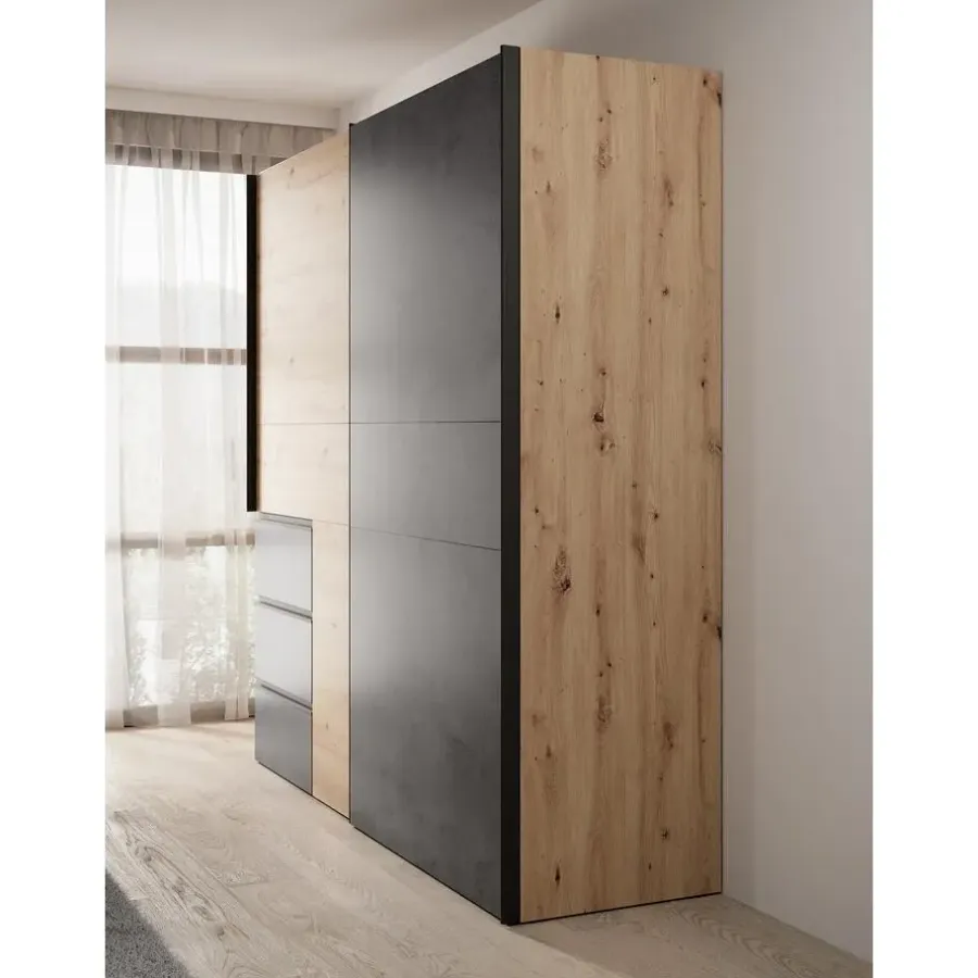 Schuifdeurkasten-Meubella - Kledingkast Walter - Eiken - Grijs - 200 cm