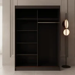 Schuifdeurkasten-Meubella - Moniq - Kledingkast met schuifdeuren - Zwart - 150x65x215 cm
