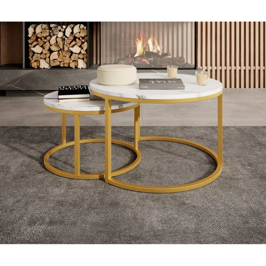 Meubella - Salontafel Rica - Wit marmerlook - Goud - Set van 2
