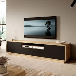 Meubella - TV-Meubel Acuna - Mat zwart - Eiken - 200 cm
