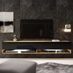 Tv Meubels-Meubella - TV-Meubel Asino LED - Zwart - Eiken - 180 cm