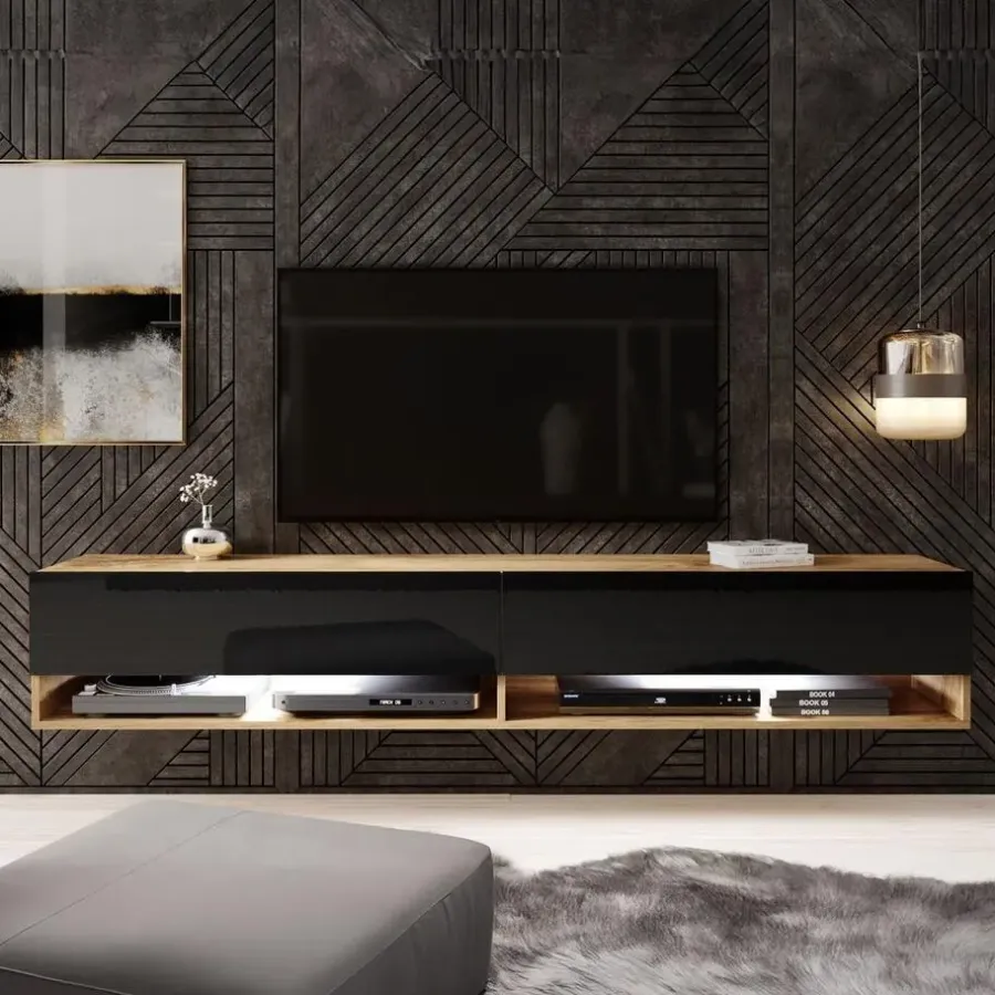 Tv Meubels-Meubella - TV-Meubel Asino LED - Zwart - Eiken - 180 cm