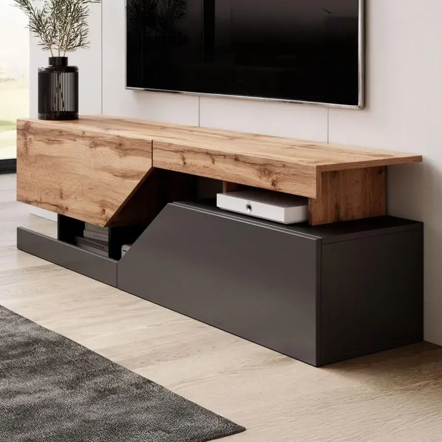 Meubella - TV-Meubel Canberra - Eiken - Antraciet - 160 cm