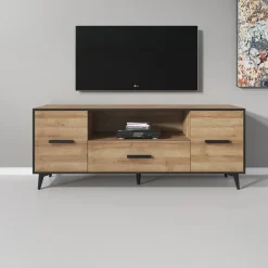 Tv Meubels-Meubella - TV-Meubel Frey - Licht eiken - Zwart - 179 cm