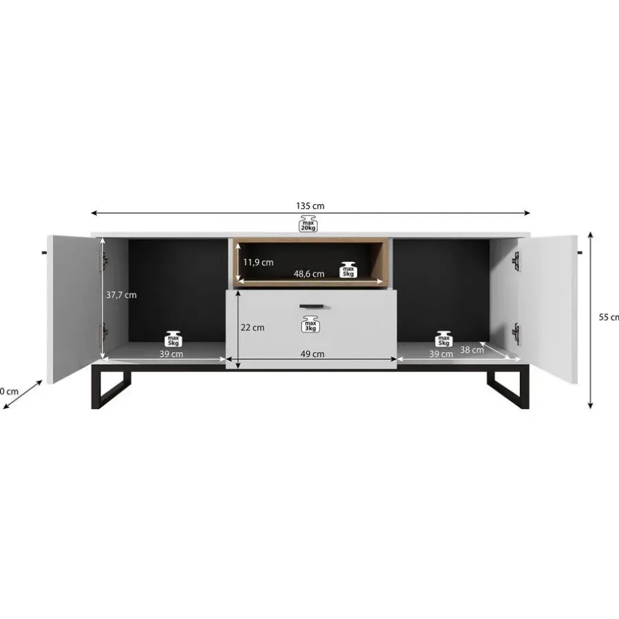 Meubella - TV-Meubel Ozzy - Eiken - Zwart - 135 cm