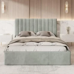 2-Persoons Bedden-Meubella - Tweepersoonsbed Chief - Grijs - Velvet - 160x200 cm