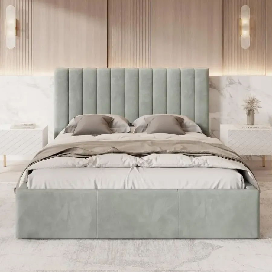 2-Persoons Bedden-Meubella - Tweepersoonsbed Chief - Grijs - Velvet - 160x200 cm