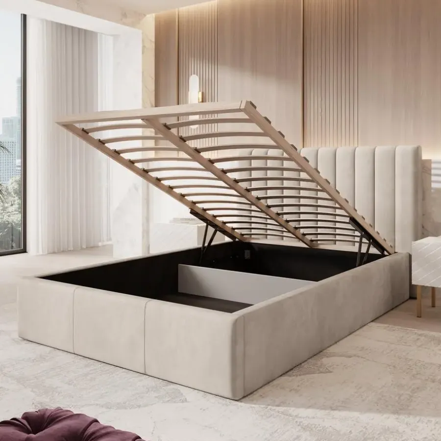 Meubella - Tweepersoonsbed Chief - Beige - Velvet - 140x200 cm