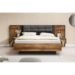 2-Persoons Bedden-Meubella - Tweepersoonsbed Mulvey - Eiken - Antraciet - 160x200 cm