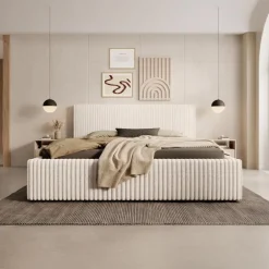 2-Persoons Bedden-Meubella - Tweepersoonsbed Infinity - Beige - Fluffy ribstof - 160x200 cm