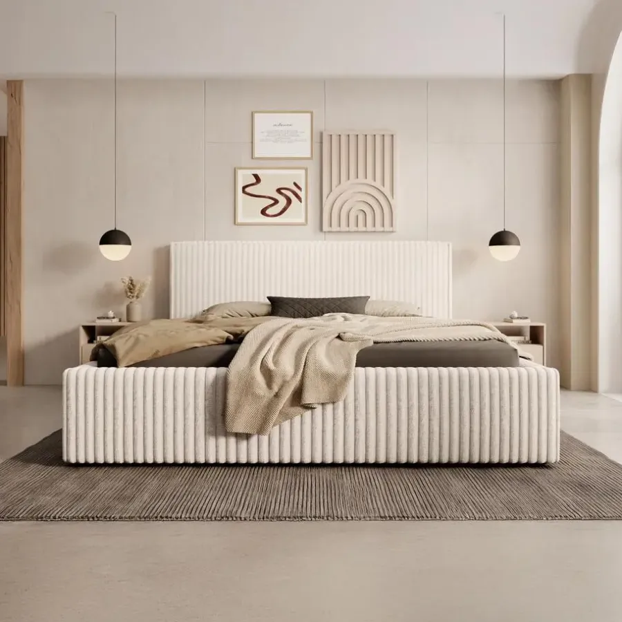 2-Persoons Bedden-Meubella - Tweepersoonsbed Infinity - Beige - Fluffy ribstof - 160x200 cm