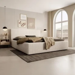 2-Persoons Bedden-Meubella - Tweepersoonsbed Infinity - Beige - Fluffy ribstof - 160x200 cm